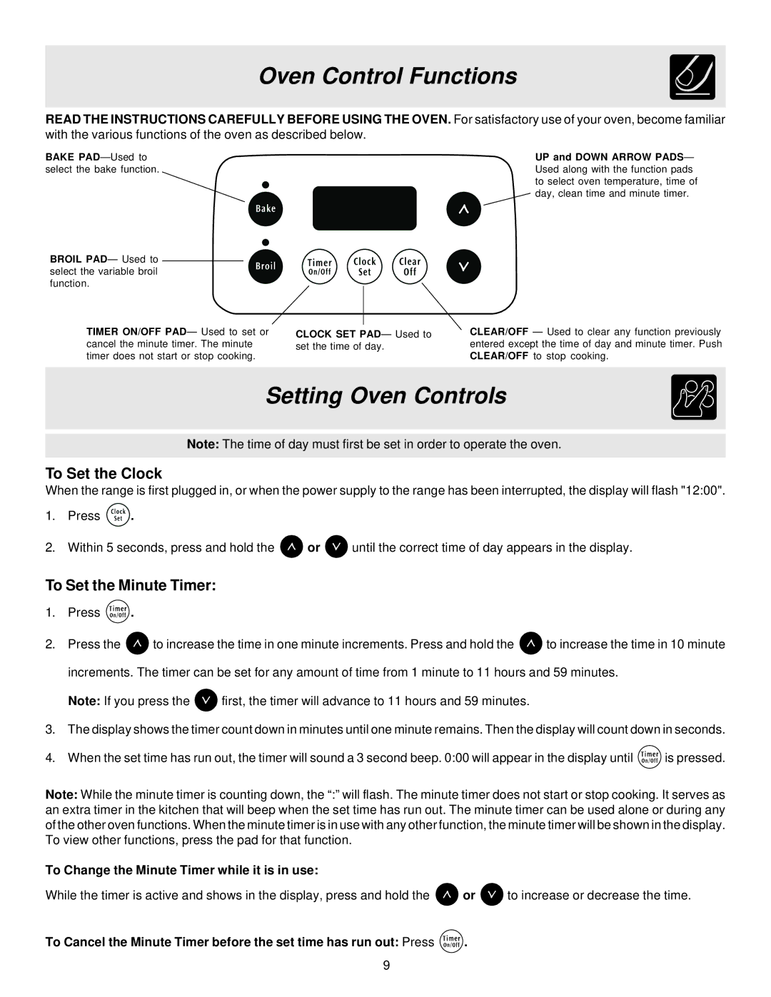 Frigidaire 316257114 manual Oven Control Functions, Setting Oven Controls, To Set the Clock, To Set the Minute Timer 