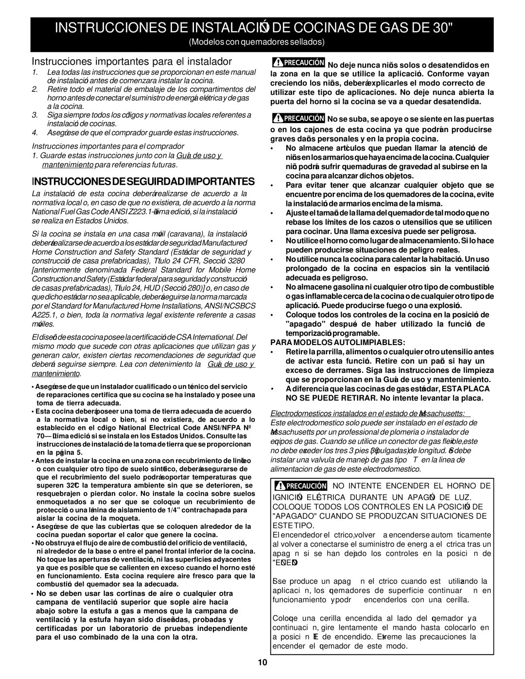 Frigidaire 316259343 Instrucciones DE Instalación DE Cocinas DE GAS DE, Instrucciones importantes para el instalador 