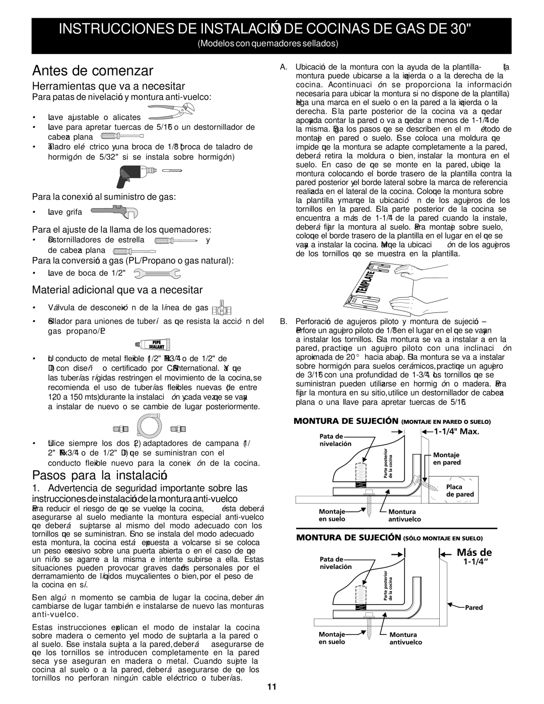 Frigidaire 316259343 dimensions Herramientas que va a necesitar, Material adicional que va a necesitar 