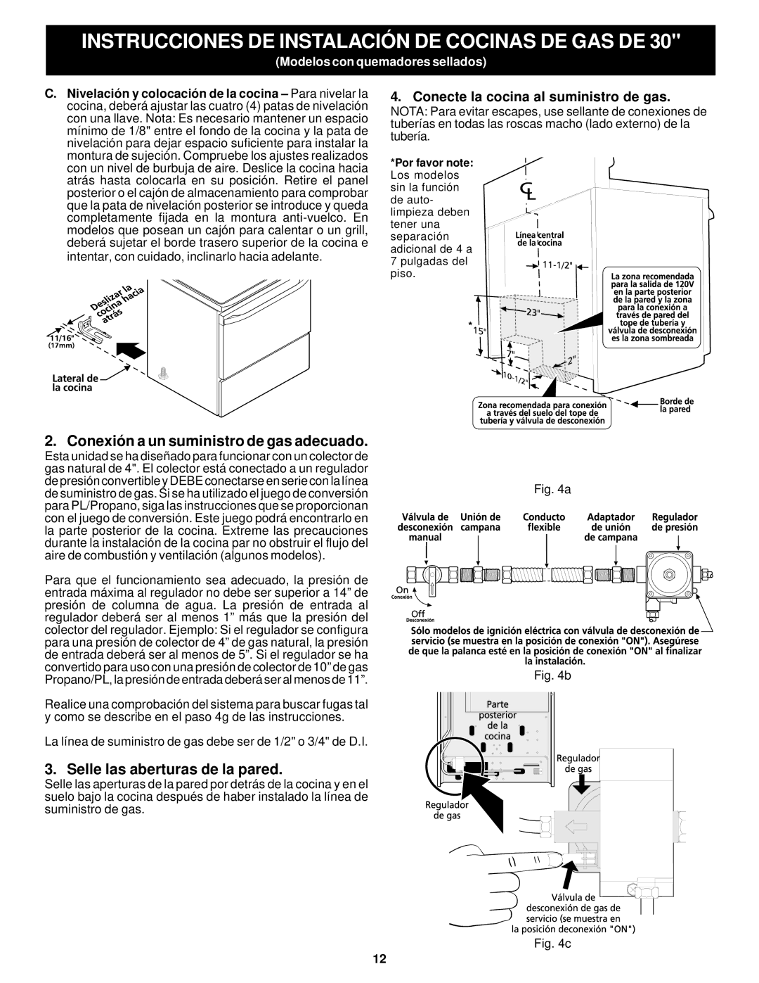 Frigidaire 316259343 dimensions Conexión a un suministro de gas adecuado, Selle las aberturas de la pared 