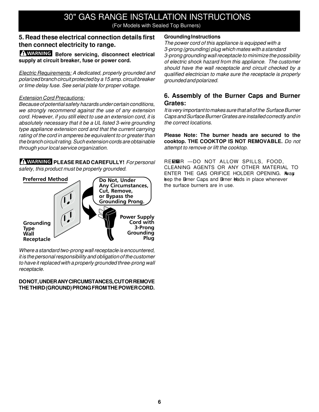 Frigidaire 316259343 dimensions Assembly of the Burner Caps and Burner Grates, Grounding Instructions 