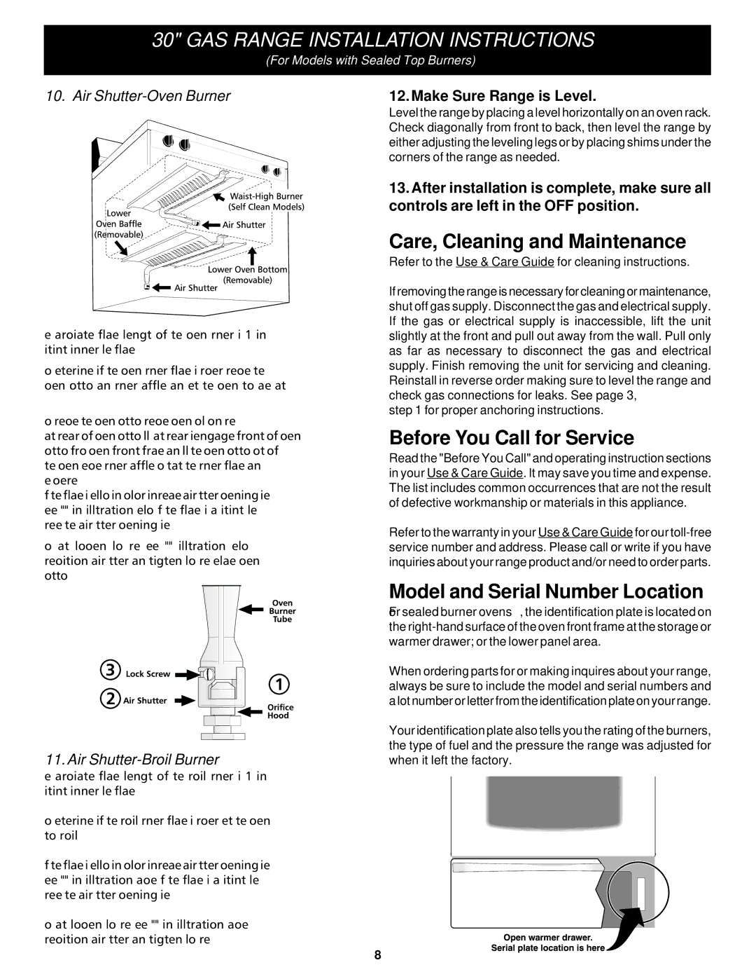 Frigidaire 316259343 dimensions Air Shutter-Oven Burner, Make Sure Range is Level, Air Shutter-Broil Burner 