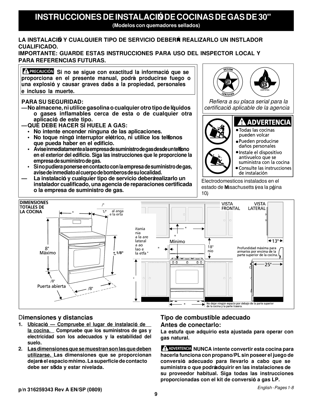 Frigidaire 316259343 dimensions Dimensiones y distancias, Tipo de combustible adecuado Antes de conectarlo 