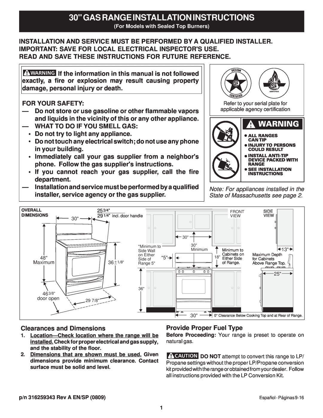 Frigidaire 316259343 dimensions 30GASRANGEINSTALLATIONINSTRUCTIONS, Read And Save These Instructions For Future Reference 