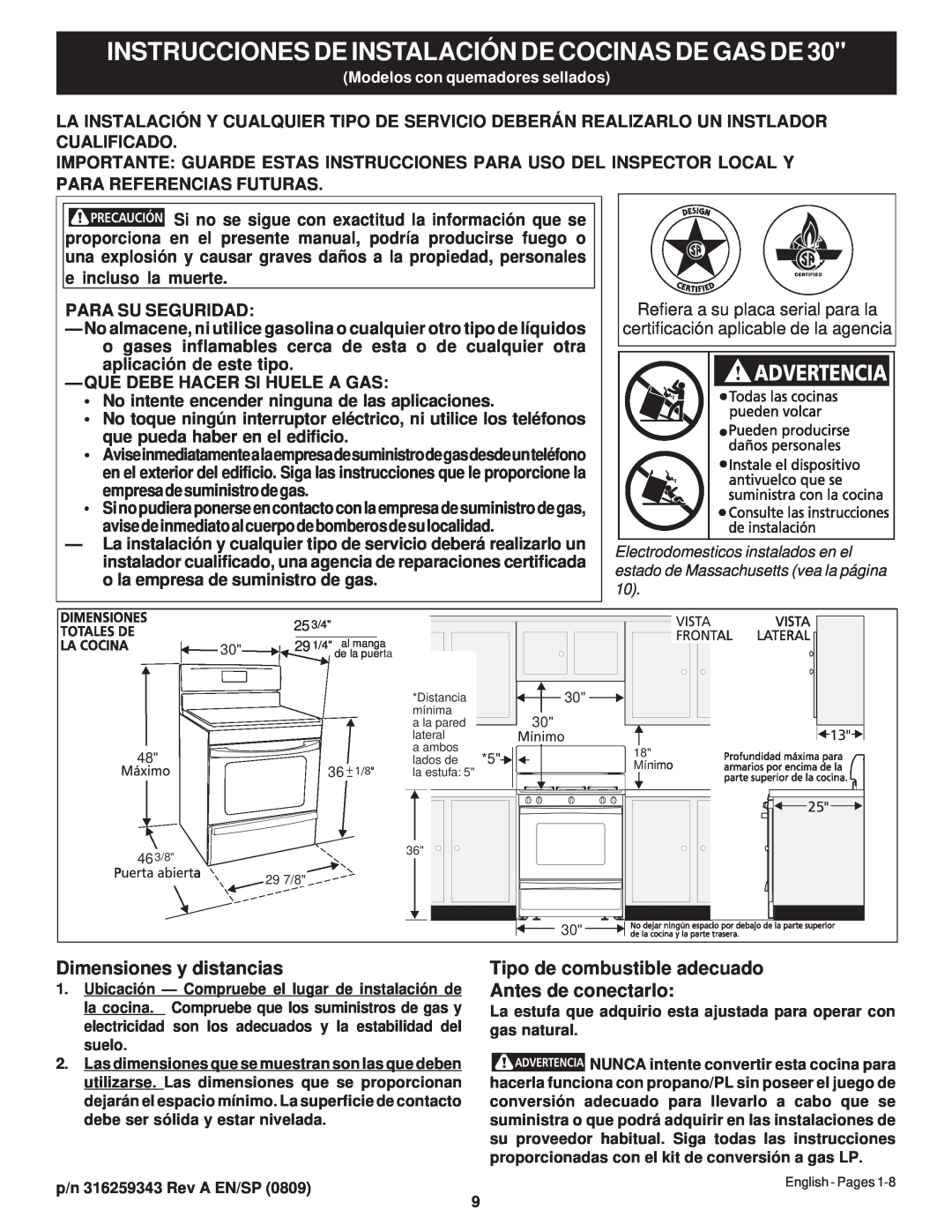 Frigidaire 316259343 Instrucciones De Instalación De Cocinas De Gas De, Dimensiones y distancias, Para Su Seguridad 