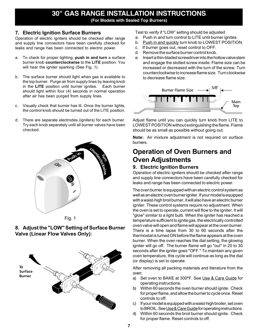 Frigidaire 316259359 dimensions Operation of Oven Burners and Oven Adjustments, Electric Ignition Surface Burners 