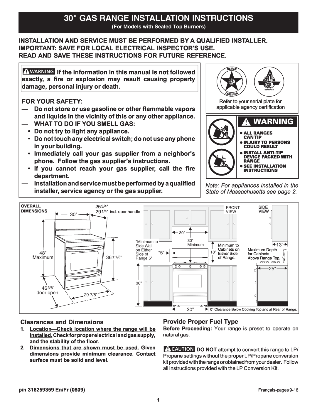 Frigidaire 316259359 dimensions Gas Range Installation Instructions, For Your Safety, What To Do If You Smell Gas 