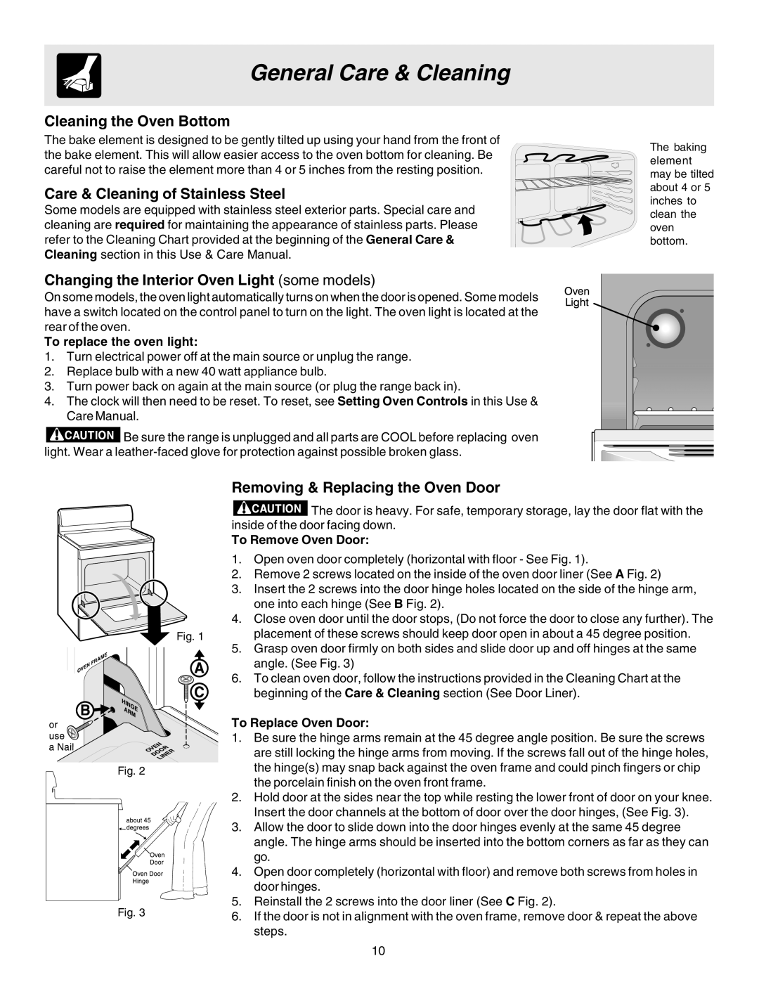 Frigidaire 316417024 Cleaning the Oven Bottom, Care & Cleaning of Stainless Steel, Removing & Replacing the Oven Door 