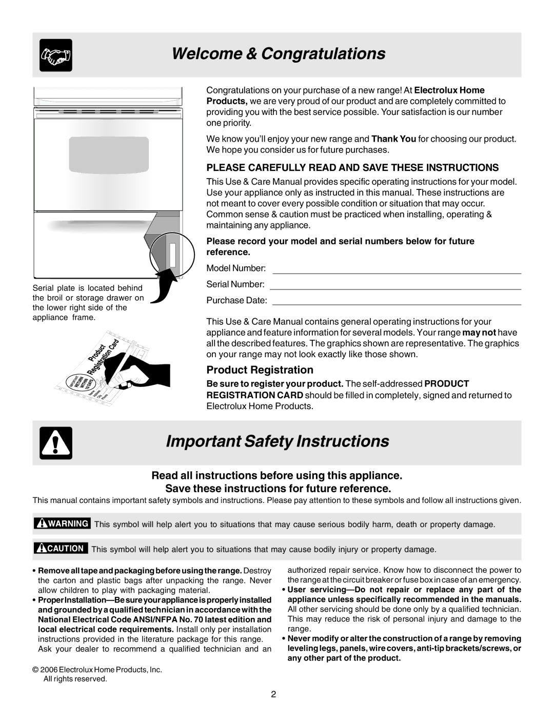 Frigidaire 316417024 Welcome & Congratulations, Important Safety Instructions, Product Registration 