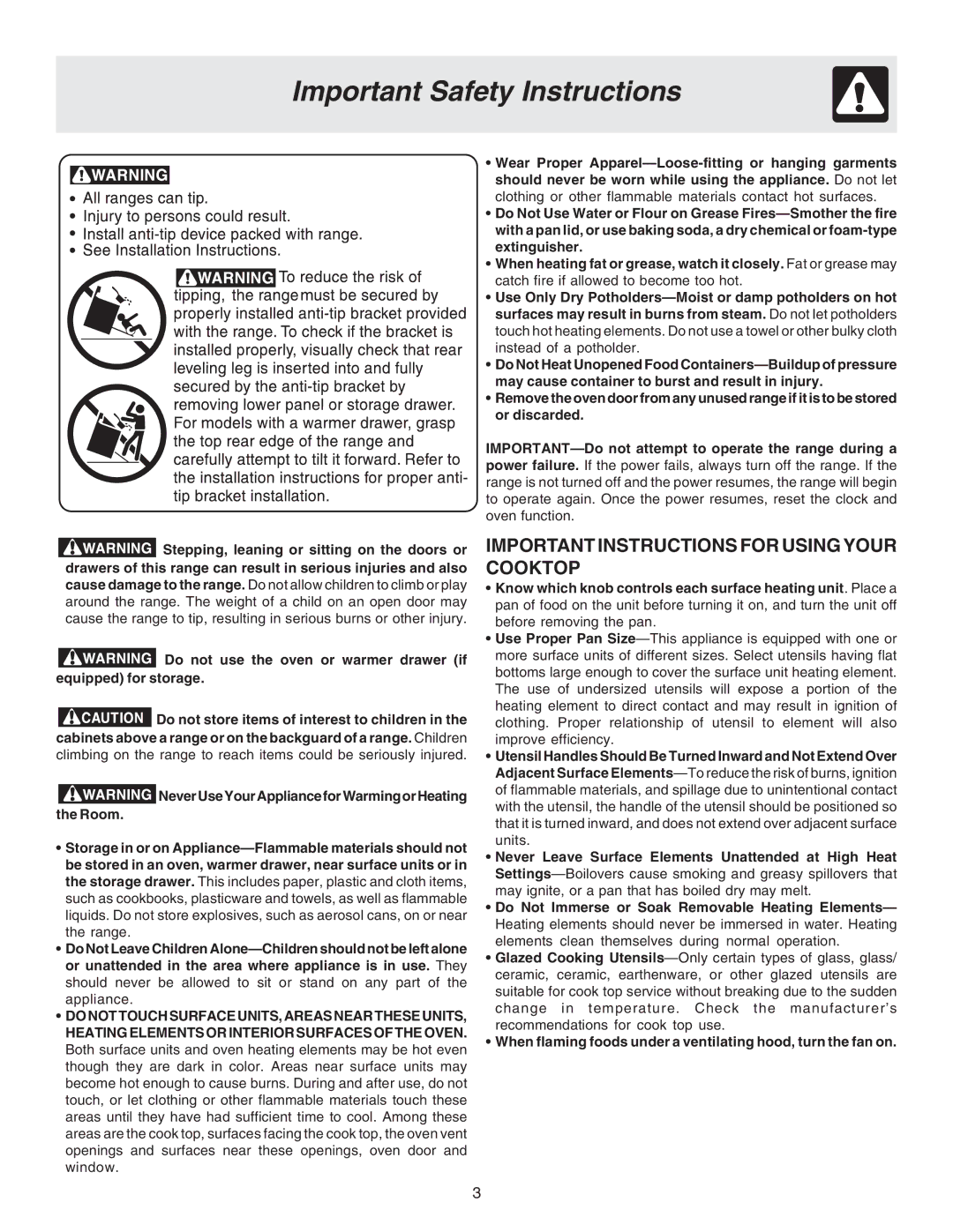 Frigidaire 316417024 important safety instructions Important Instructions for Using Your Cooktop 