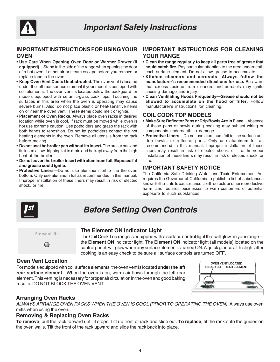 Frigidaire 316417024 Before Setting Oven Controls, Element on Indicator Light, Oven Vent Location, Arranging Oven Racks 