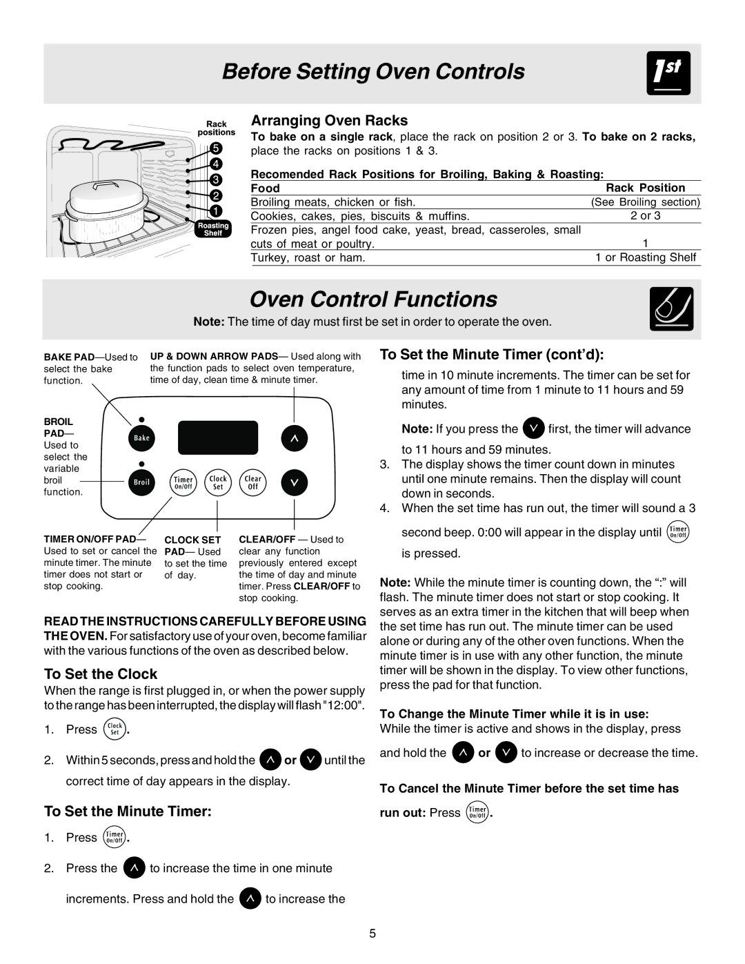 Frigidaire 316417024 Oven Control Functions, To Set the Clock, To Set the Minute Timer cont’d 