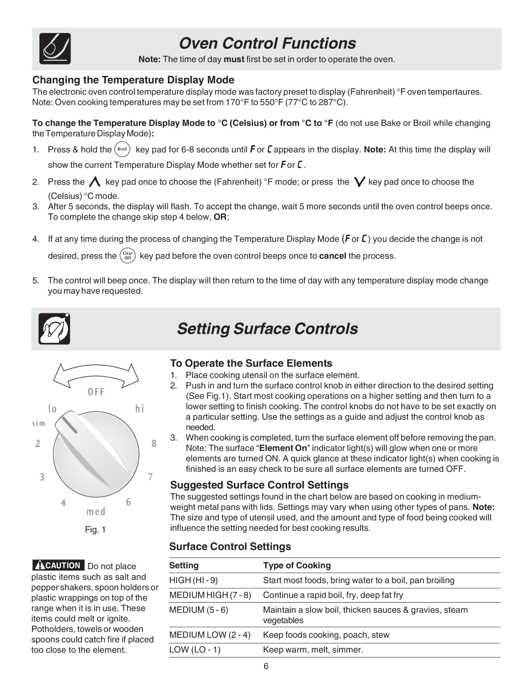 Frigidaire 316417024 Setting Surface Controls, Changing the Temperature Display Mode, To Operate the Surface Elements 