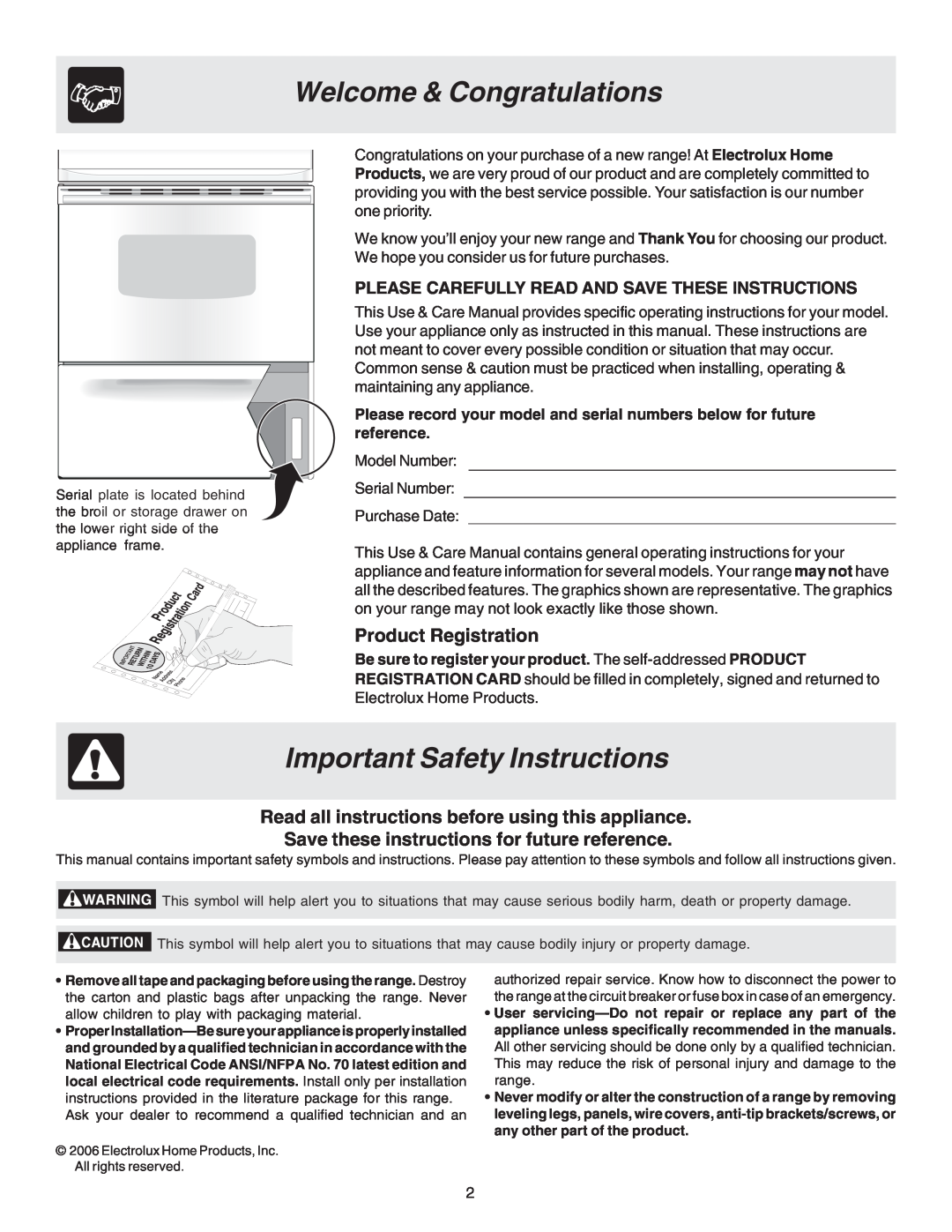 Frigidaire 316417024 Welcome & Congratulations, Important Safety Instructions, Product Registration 