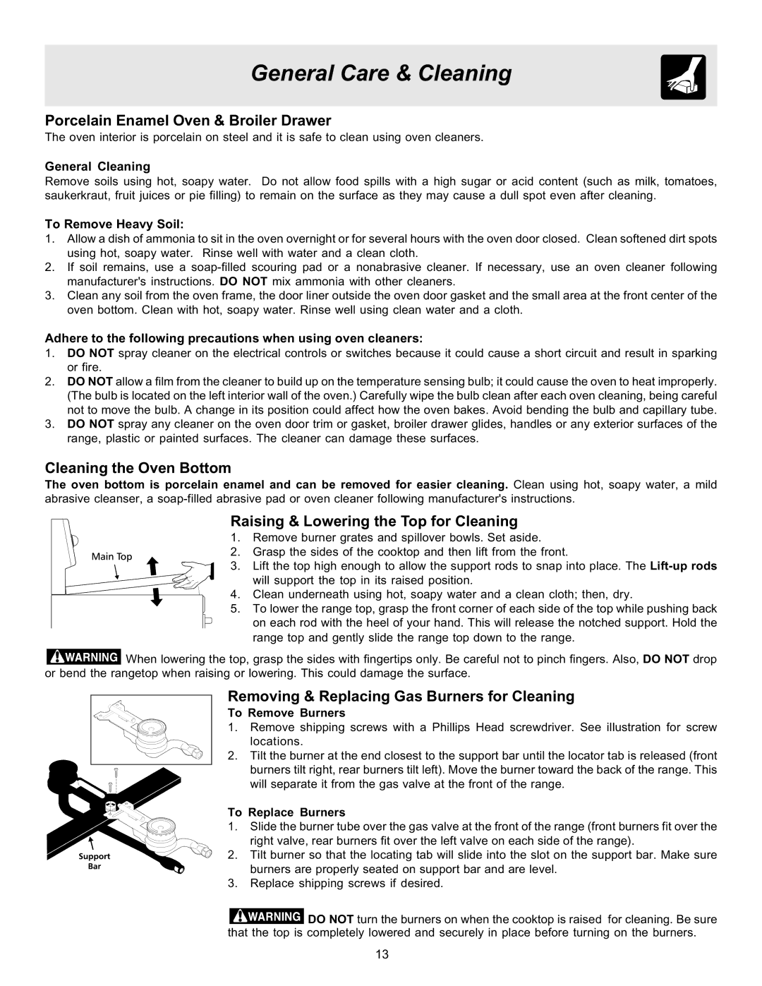 Frigidaire 316417134 important safety instructions Porcelain Enamel Oven & Broiler Drawer, Cleaning the Oven Bottom 