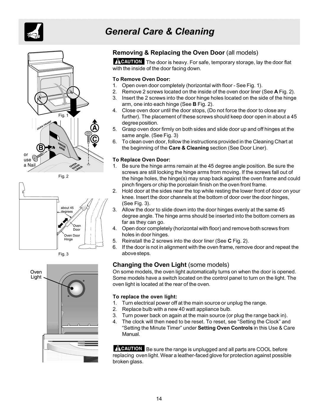 Frigidaire 316417134 Removing & Replacing the Oven Door all models, Changing the Oven Light some models 