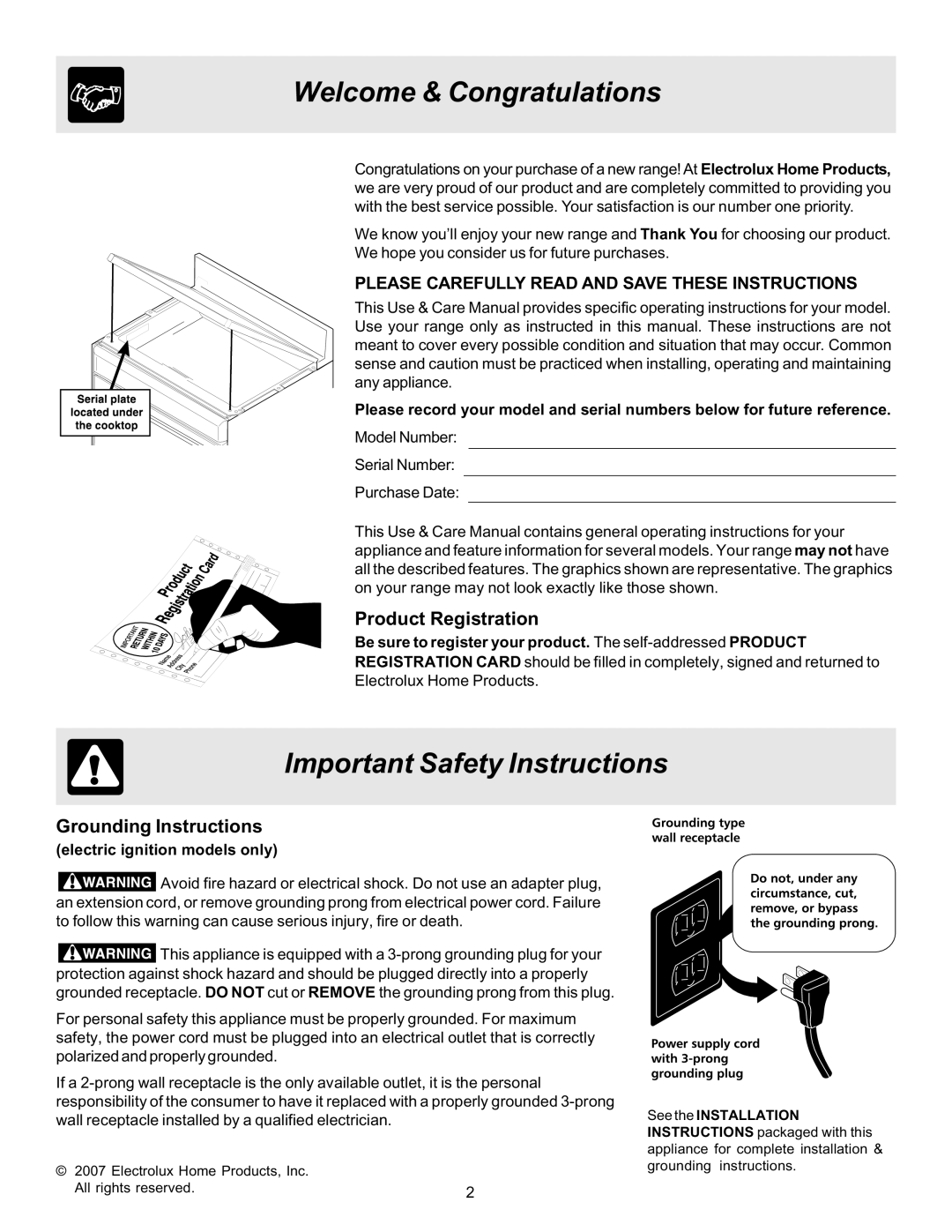 Frigidaire 316417134 Welcome & Congratulations, Important Safety Instructions, Product Registration 