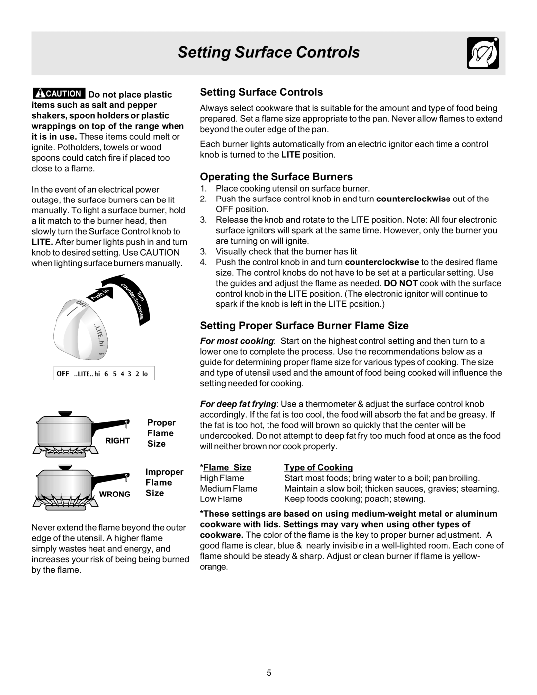 Frigidaire 316417134 Setting Surface Controls, Operating the Surface Burners, Setting Proper Surface Burner Flame Size 