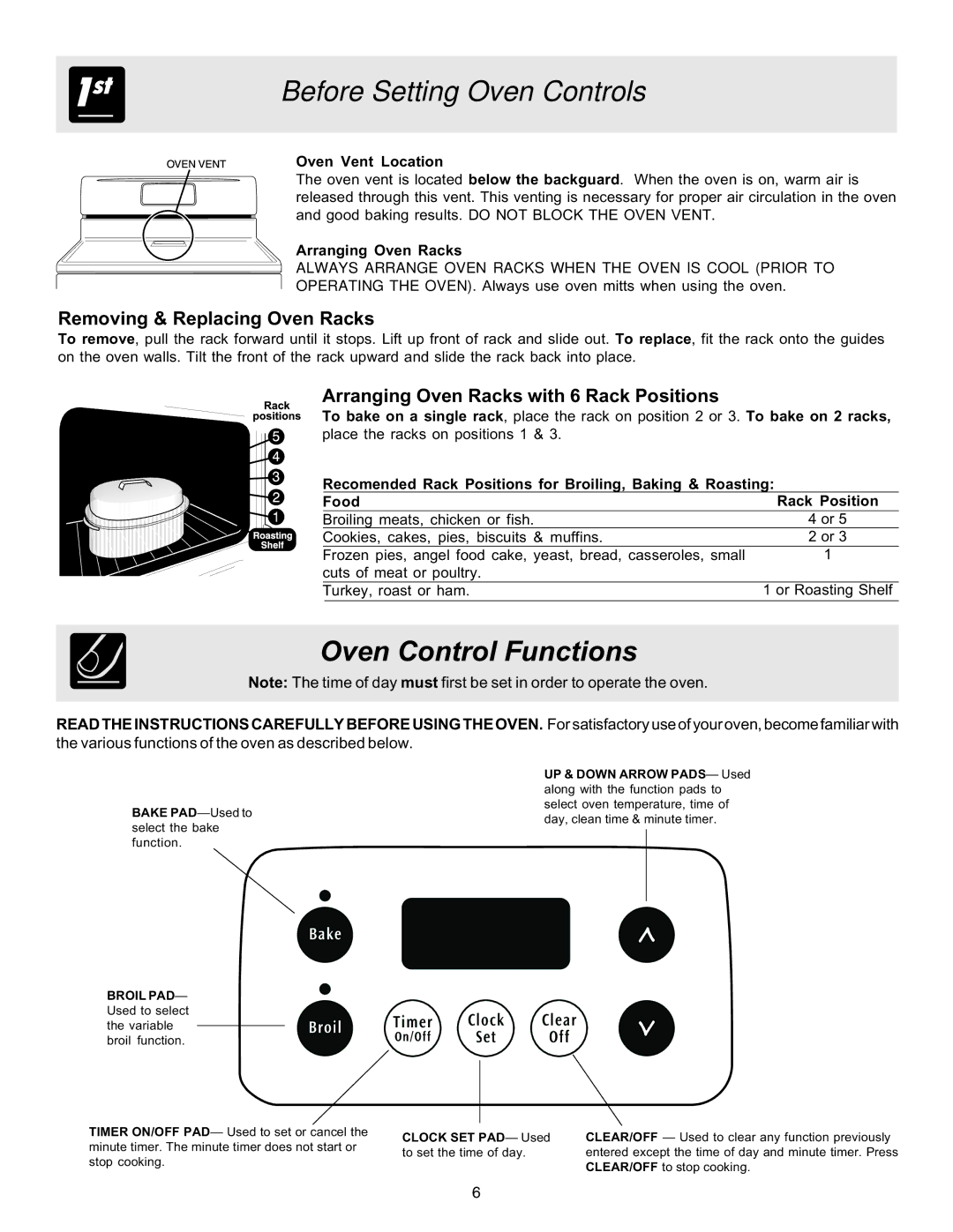 Frigidaire 316417134 Oven Control Functions, Removing & Replacing Oven Racks, Arranging Oven Racks with 6 Rack Positions 