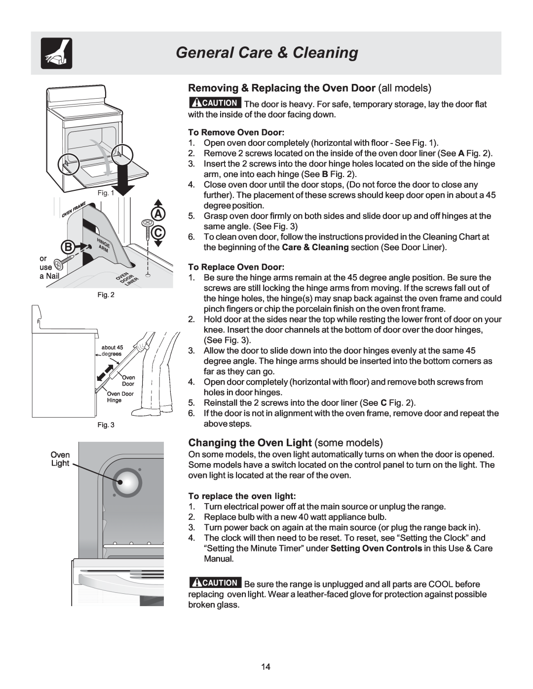 Frigidaire 316417134 General Care & Cleaning, Removing & Replacing the Oven Door all models, To Remove Oven Door 