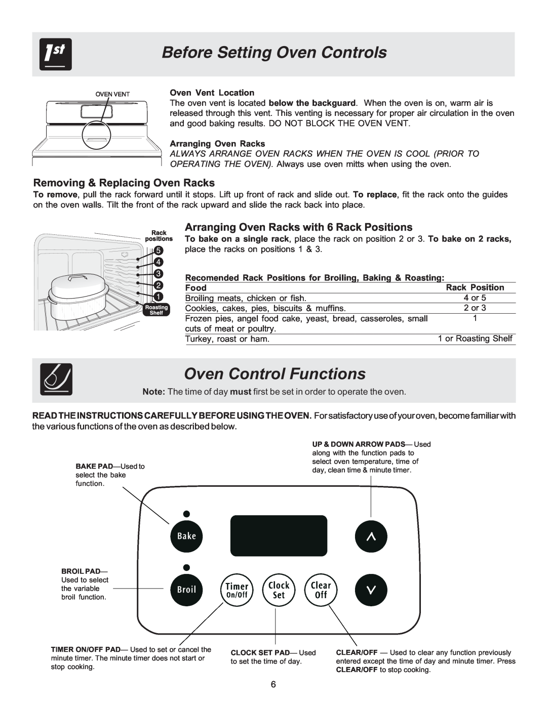 Frigidaire 316417134 Oven Control Functions, Before Setting Oven Controls, Oven Vent Location, Arranging Oven Racks 