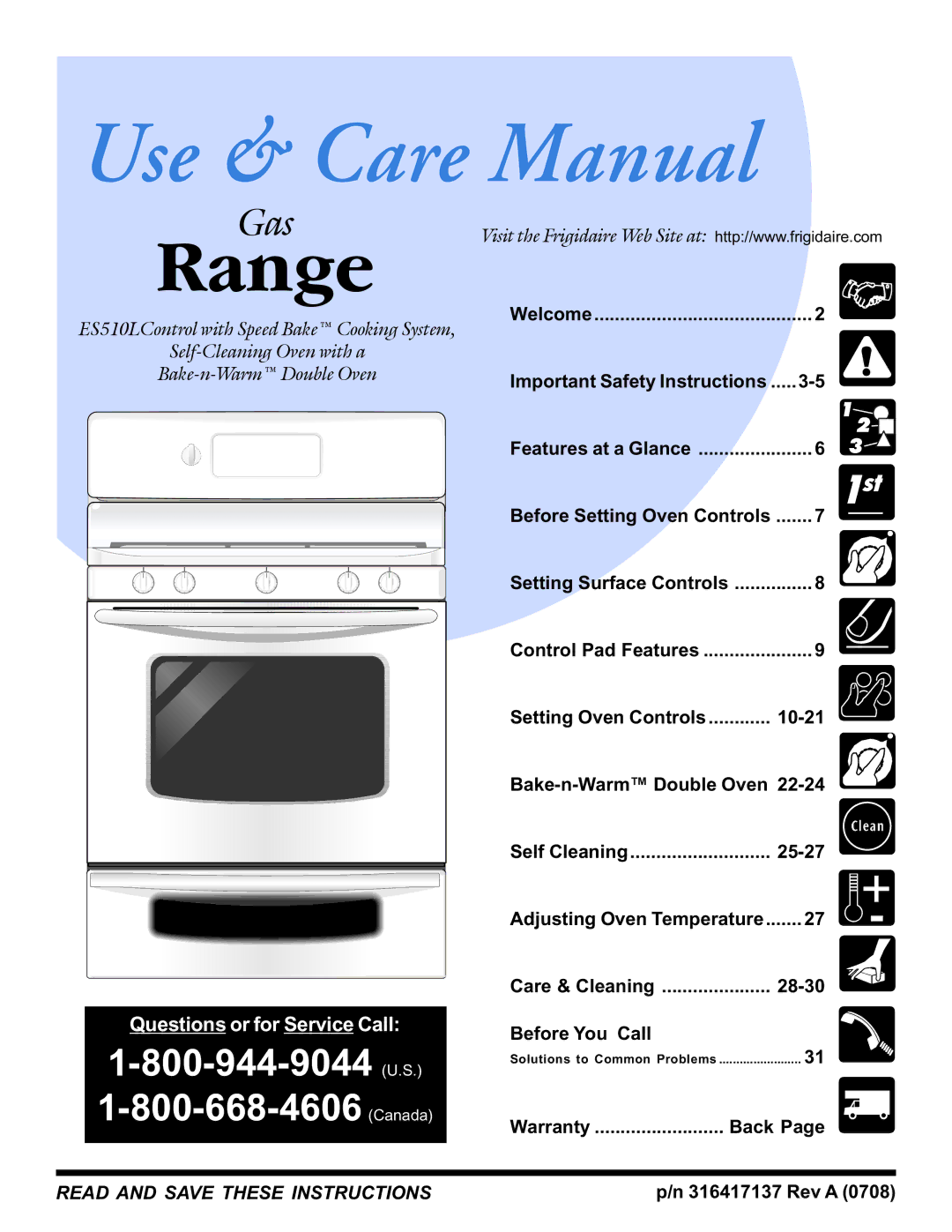 Frigidaire 316417137 REV-A important safety instructions Care & Cleaning 28-30, Before You Call, Warranty Back, Welcome 