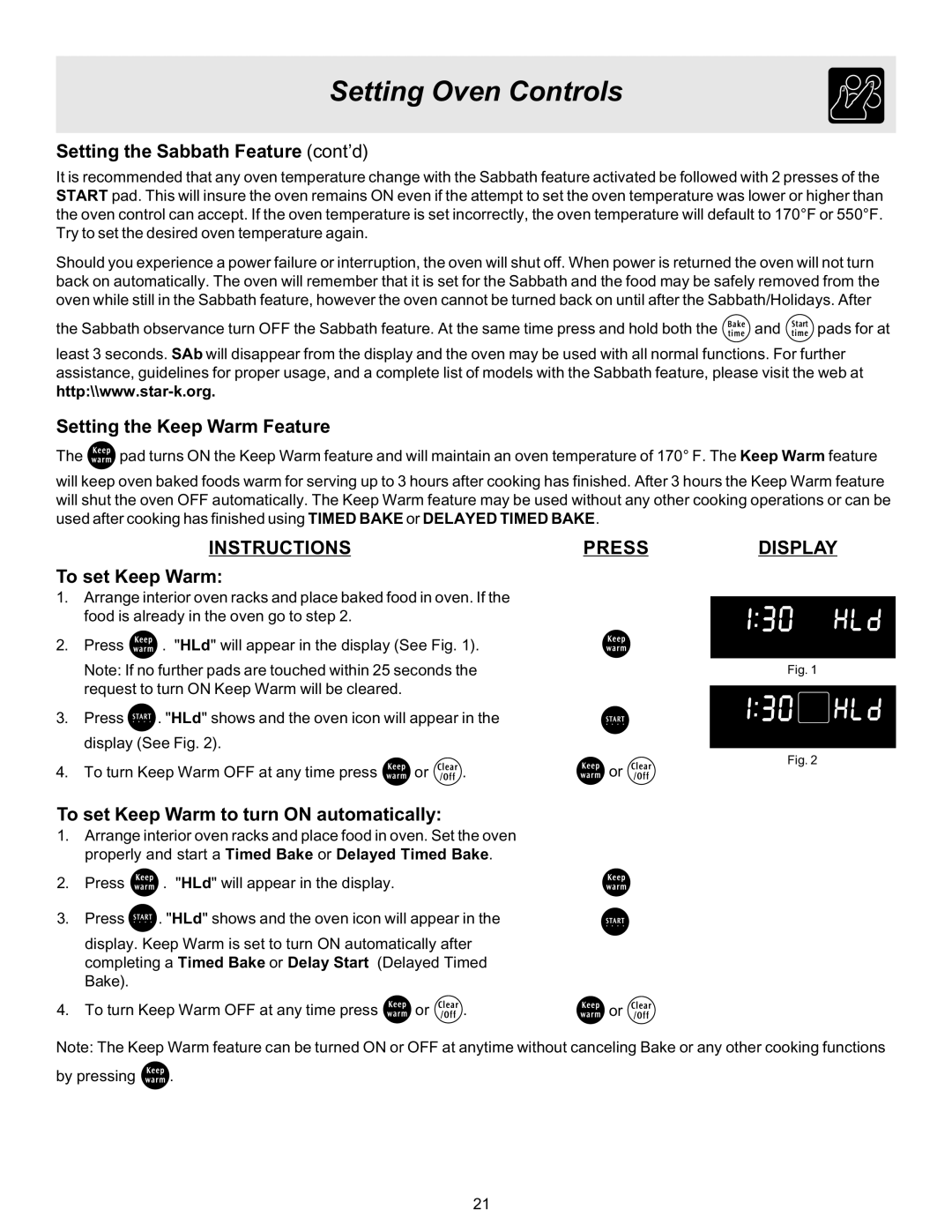 Frigidaire 316417137 REV-A Setting the Sabbath Feature cont’d, Setting the Keep Warm Feature, To set Keep Warm 