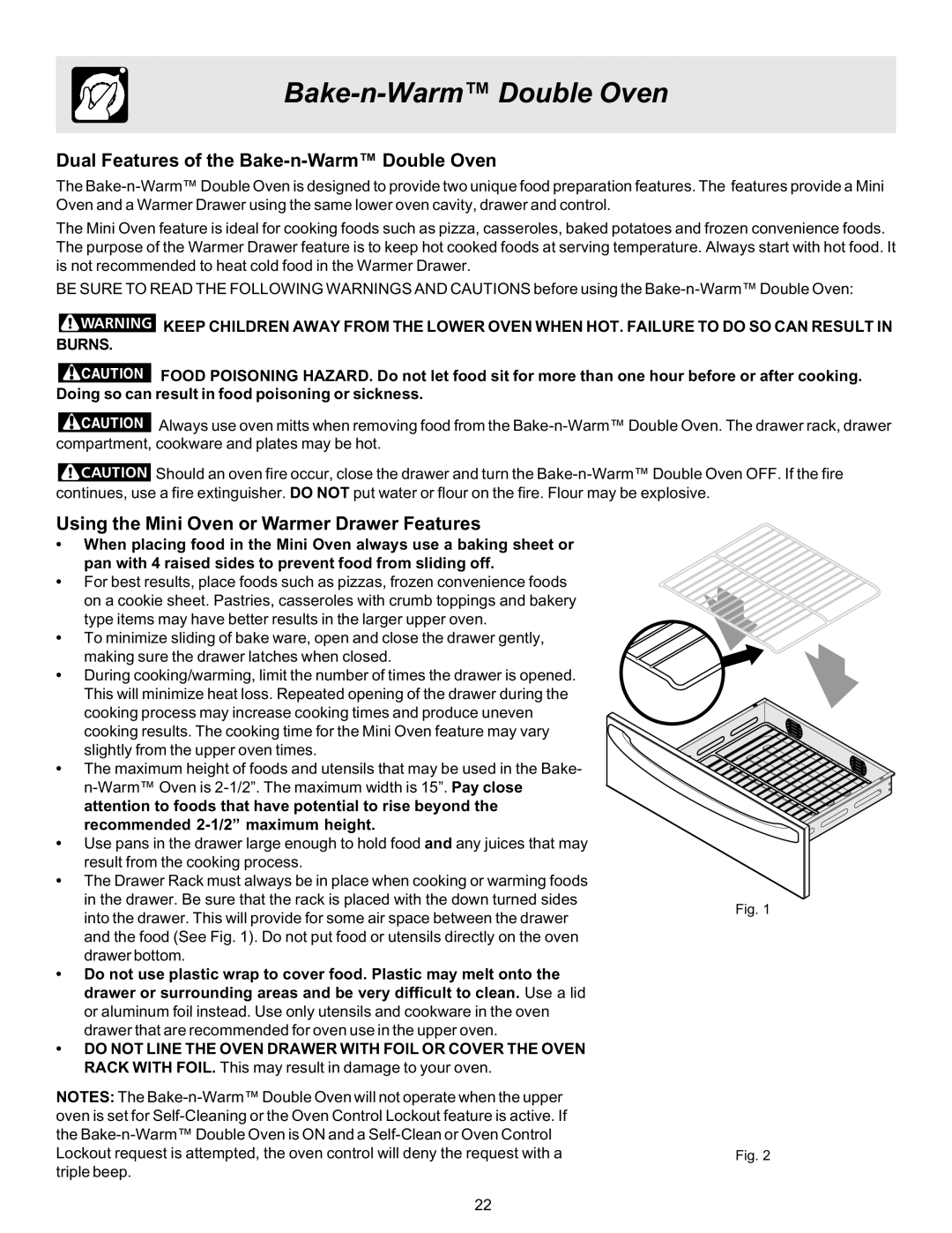 Frigidaire 316417137 REV-A Dual Features of the Bake-n-Warm Double Oven, Using the Mini Oven or Warmer Drawer Features 