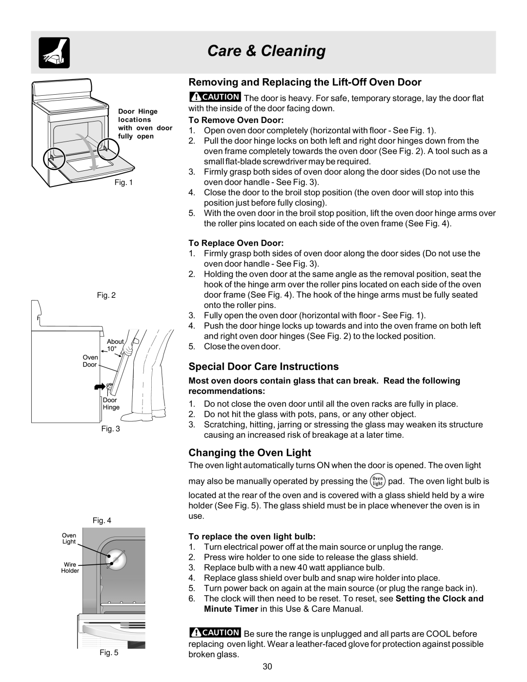 Frigidaire 316417137 REV-A Removing and Replacing the Lift-Off Oven Door, Special Door Care Instructions 