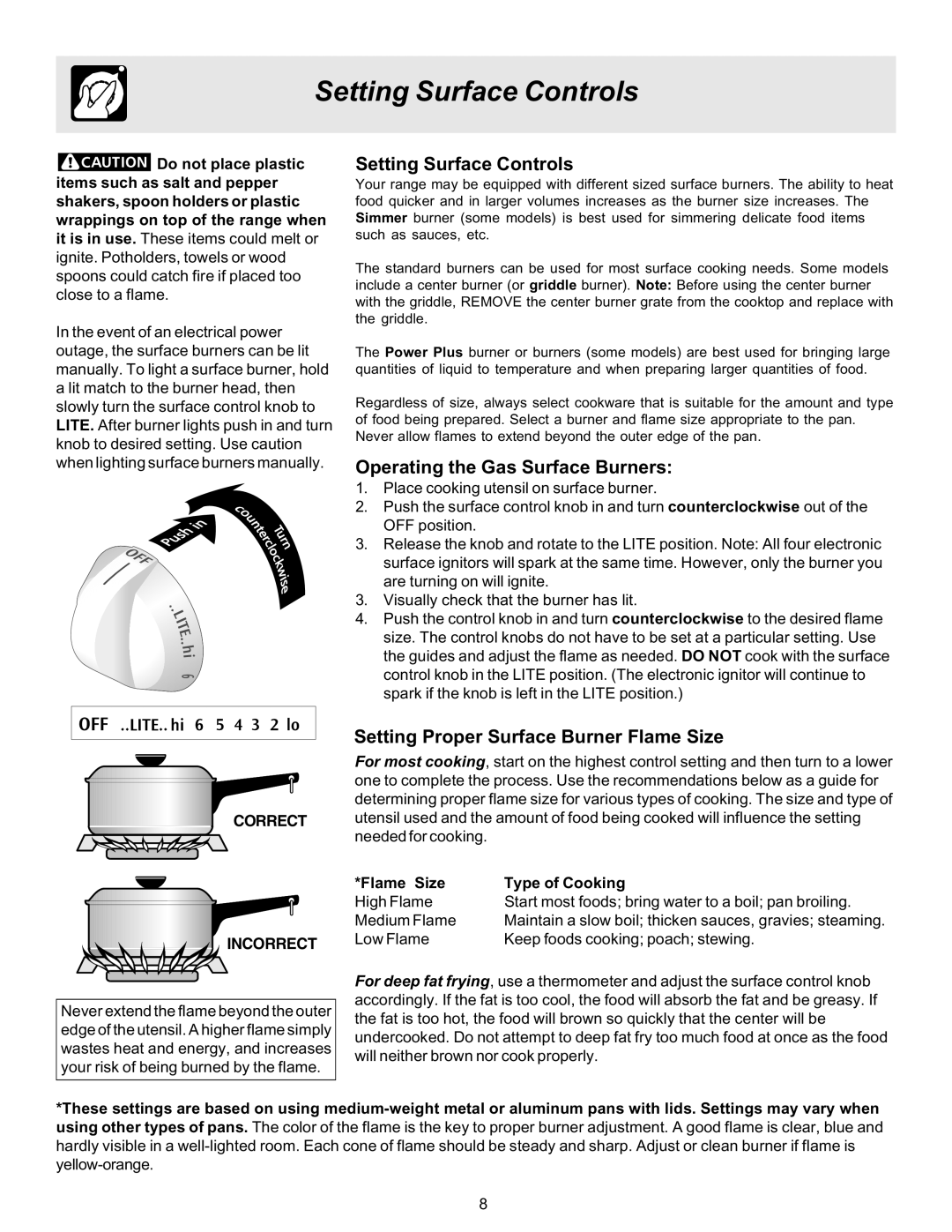 Frigidaire 316417137 REV-A Setting Surface Controls, Operating the Gas Surface Burners, Flame Size Type of Cooking 