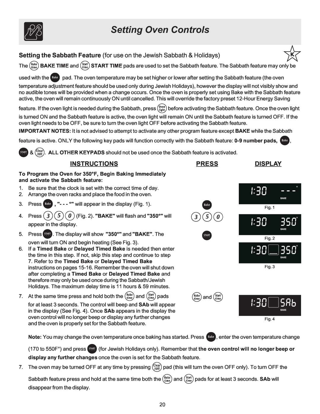 Frigidaire 316417137 REV-A Setting the Sabbath Feature for use on the Jewish Sabbath & Holidays, Setting Oven Controls 