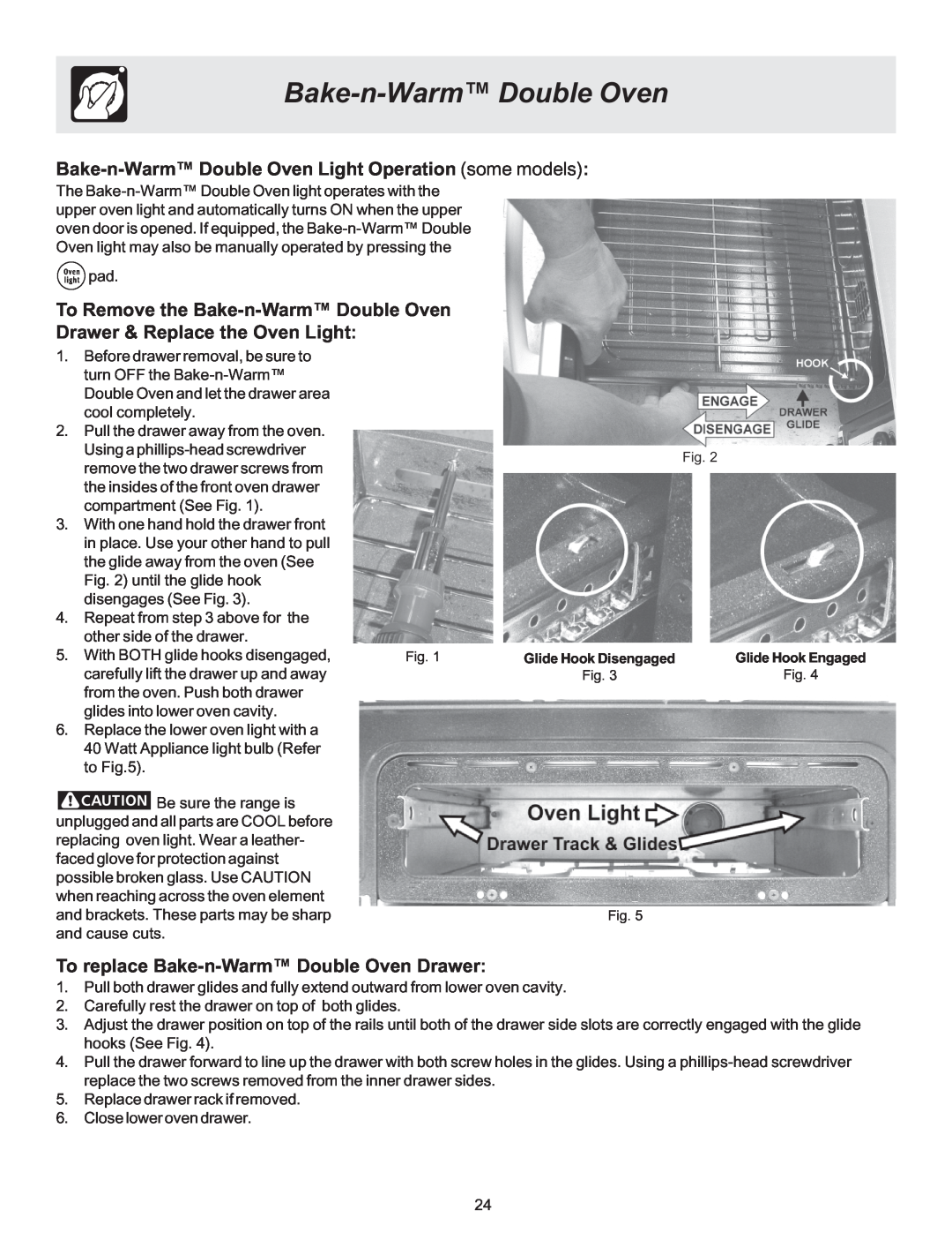 Frigidaire 316417137 REV-A Bake-n-Warm Double Oven Light Operation some models, To replace Bake-n-Warm Double Oven Drawer 