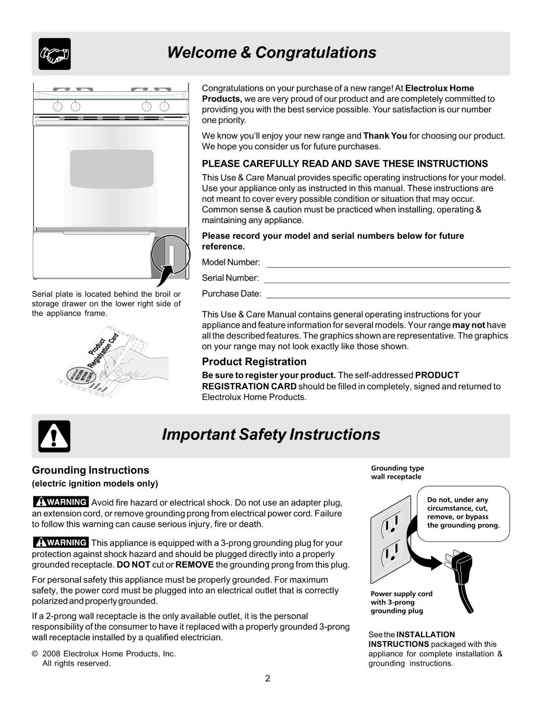 Frigidaire 316417139 manual Welcome & Congratulations, Important Safety Instructions, Product Registration 