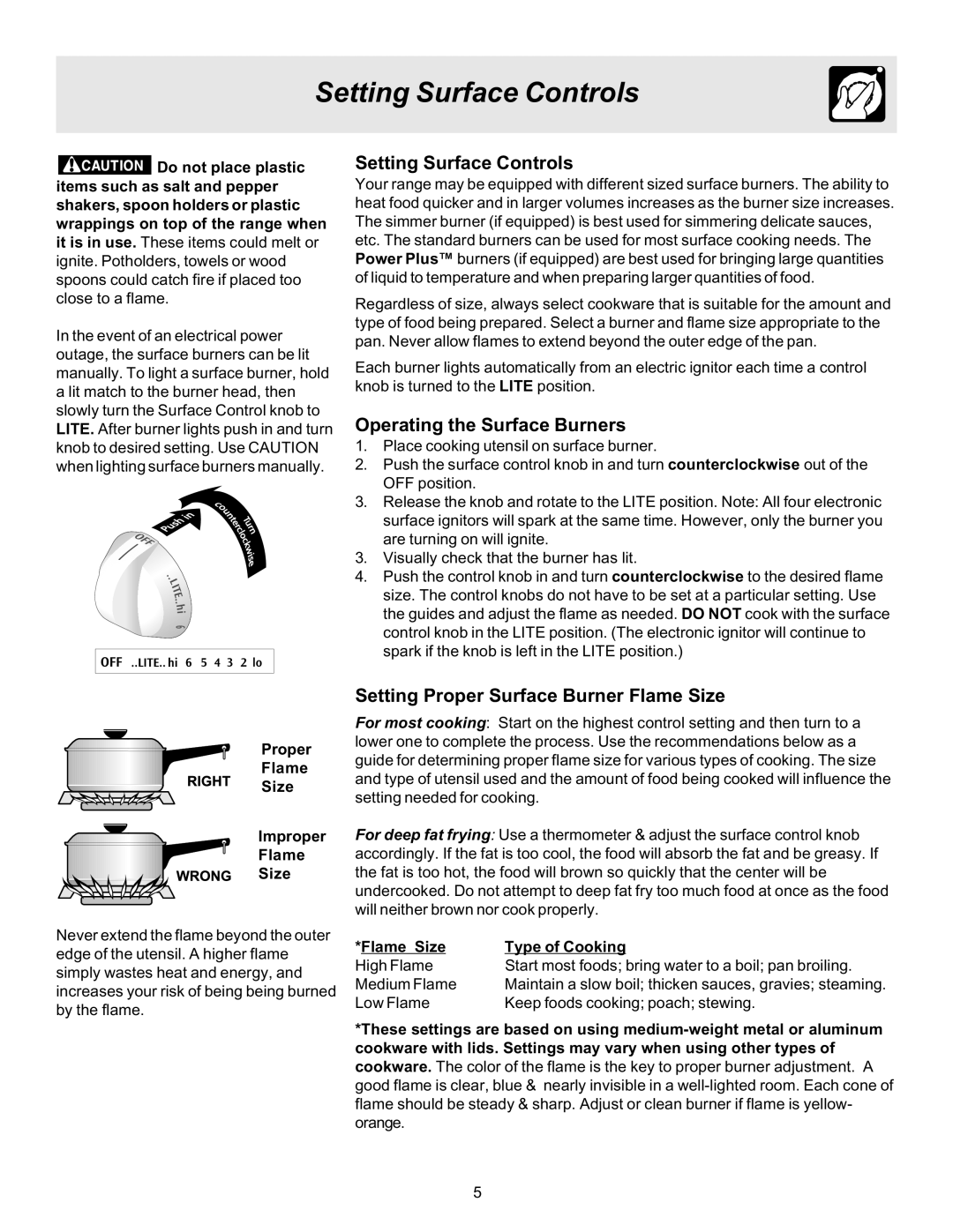 Frigidaire 316417139 Setting Surface Controls, Operating the Surface Burners, Setting Proper Surface Burner Flame Size 