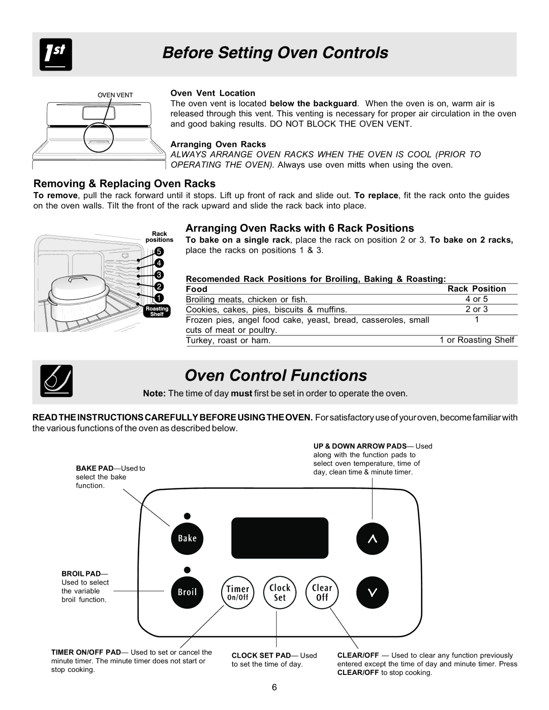 Frigidaire 316417139 Oven Control Functions, Removing & Replacing Oven Racks, Arranging Oven Racks with 6 Rack Positions 