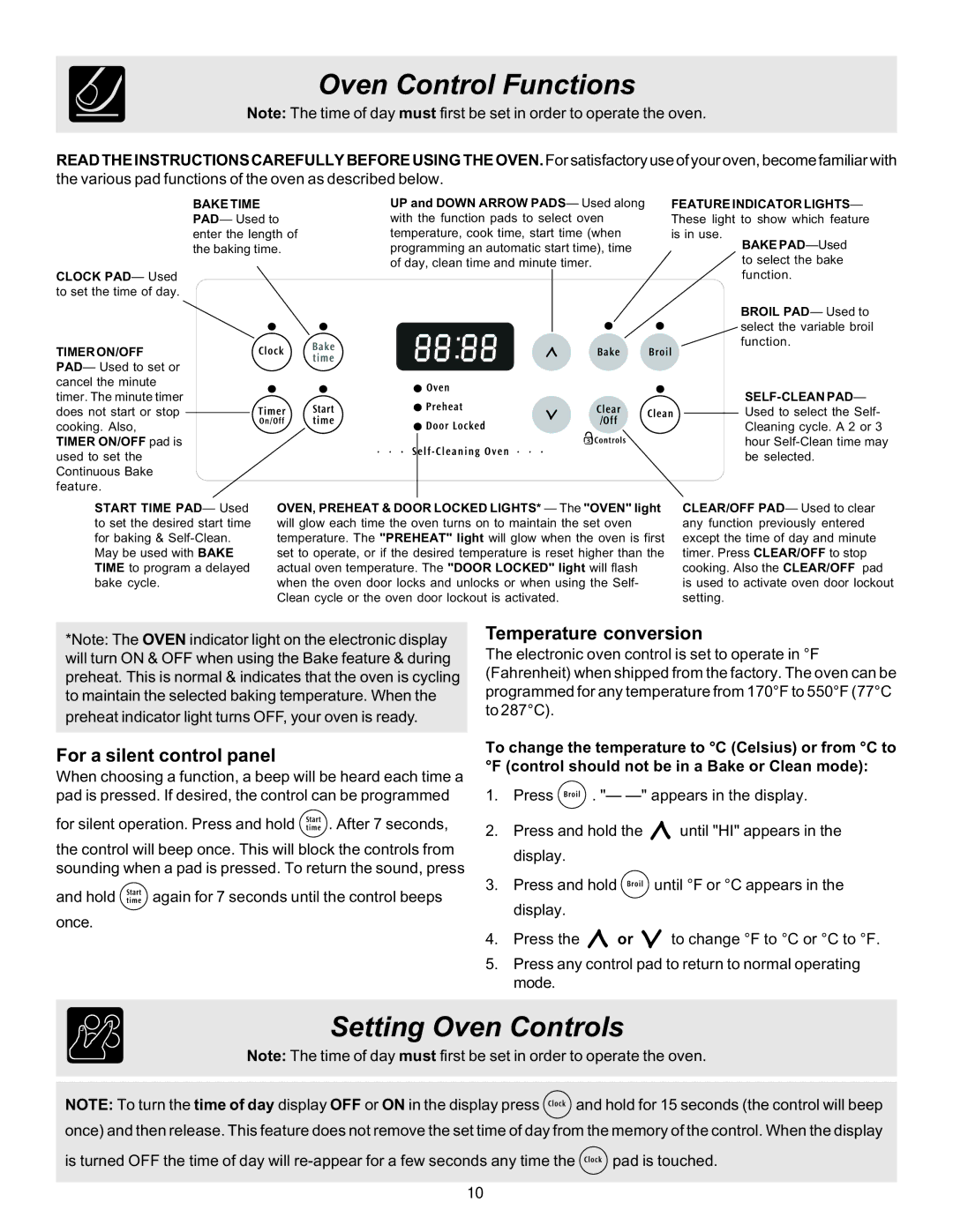 Frigidaire 316423411 Oven Control Functions, Setting Oven Controls, For a silent control panel, Temperature conversion 