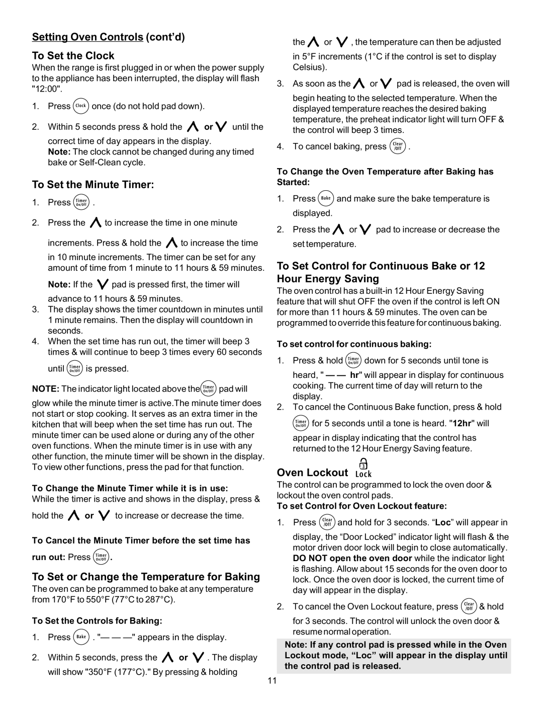 Frigidaire 316423411 Setting Oven Controls cont’d To Set the Clock, To Set the Minute Timer, Oven Lockout 