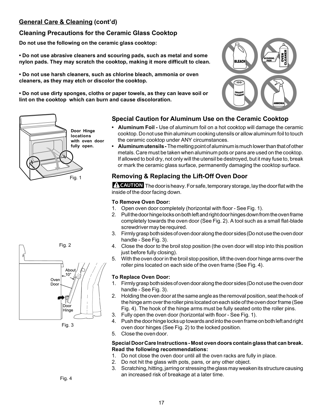 Frigidaire 316423411 Special Caution for Aluminum Use on the Ceramic Cooktop, Removing & Replacing the Lift-Off Oven Door 