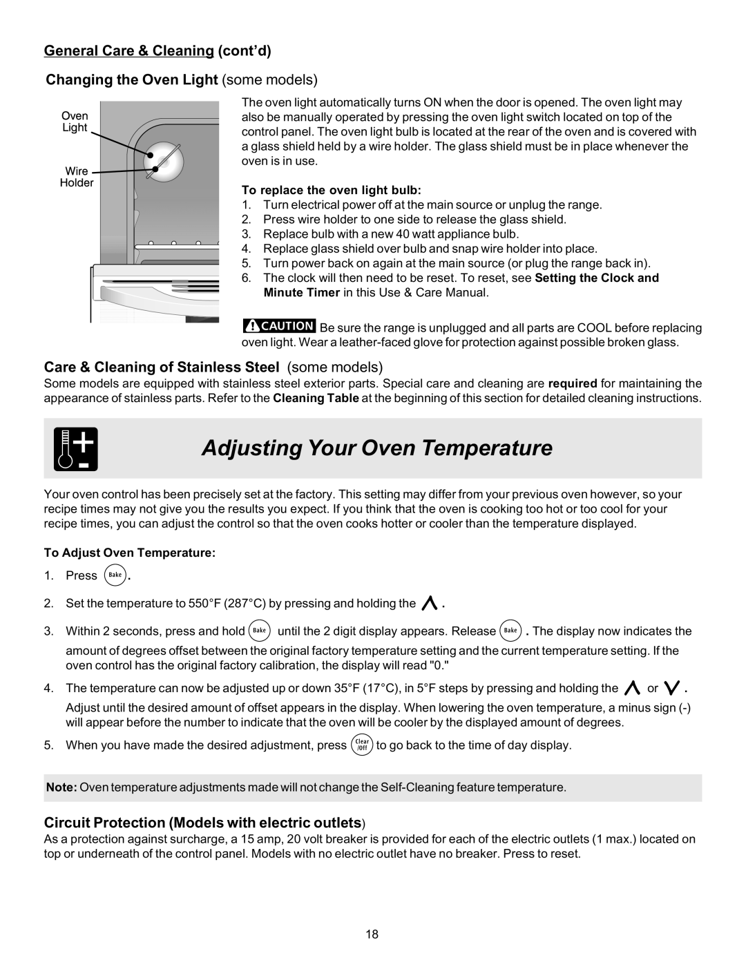 Frigidaire 316423411 Adjusting Your Oven Temperature, Care & Cleaning of Stainless Steel some models 