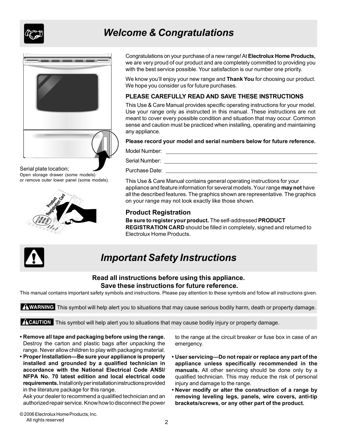 Frigidaire 316423411 Welcome & Congratulations, Important Safety Instructions, Product Registration 