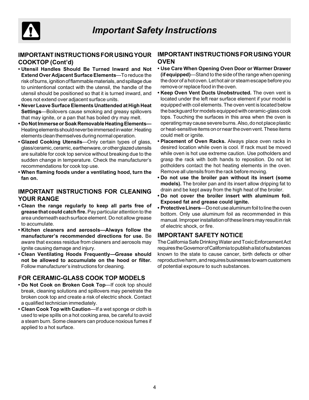 Frigidaire 316423411 important safety instructions Important Instructions for Usingyour Cooktop Cont’d 