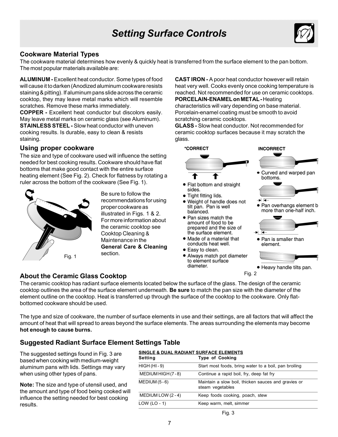 Frigidaire 316423411 important safety instructions Setting Surface Controls, Cookware Material Types, Using proper cookware 