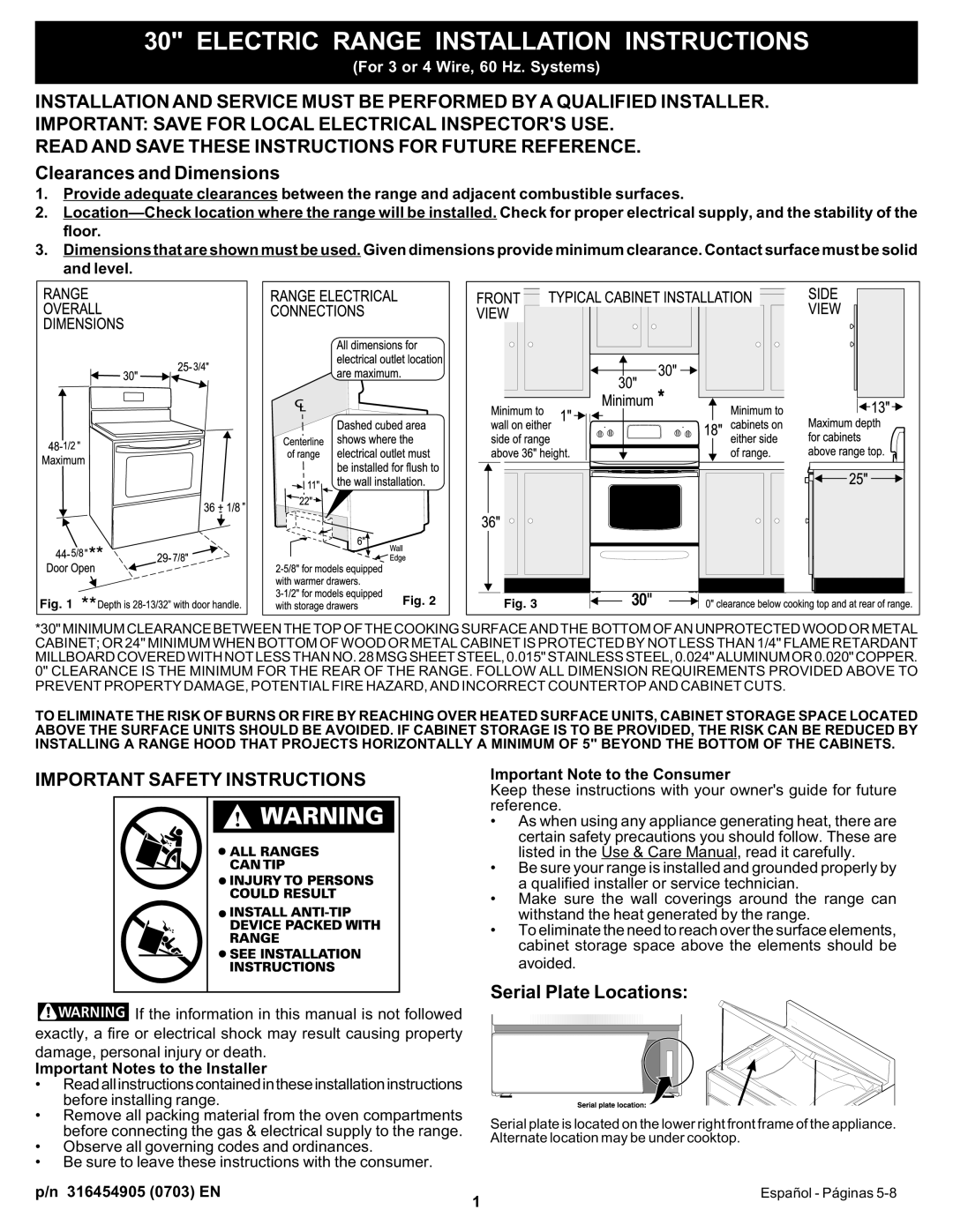 Frigidaire 316454905 important safety instructions Important Notes to the Installer, Important Note to the Consumer 