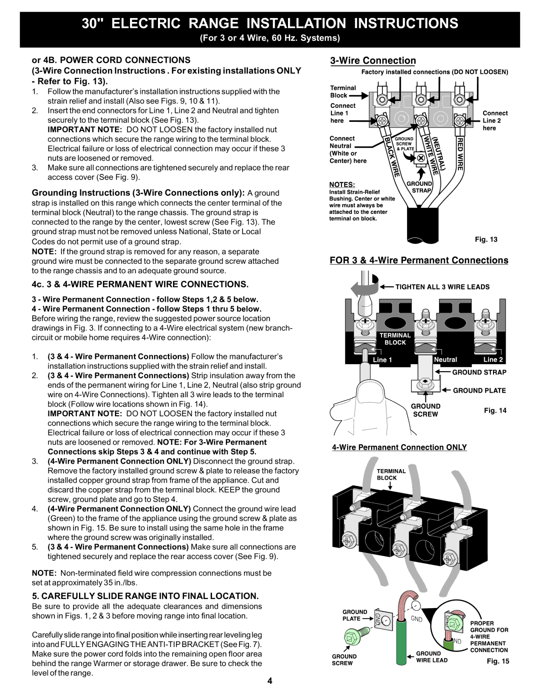 Frigidaire 316454905 4c & 4-WIRE Permanent Wire Connections, Carefully Slide Range Into Final Location 