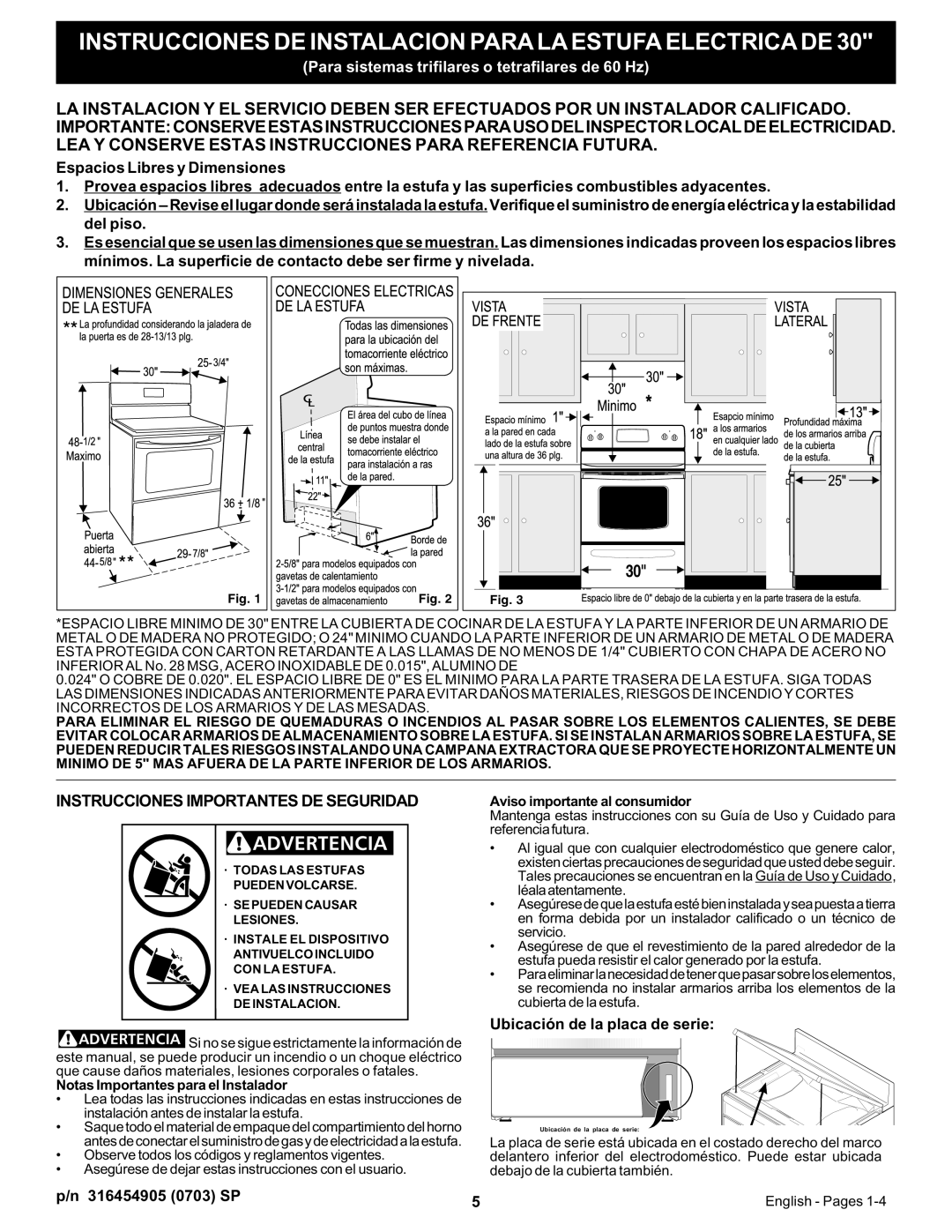 Frigidaire 316454905 Instrucciones DE Instalacion Para LA Estufa Electrica DE, Ubicación de la placa de serie 