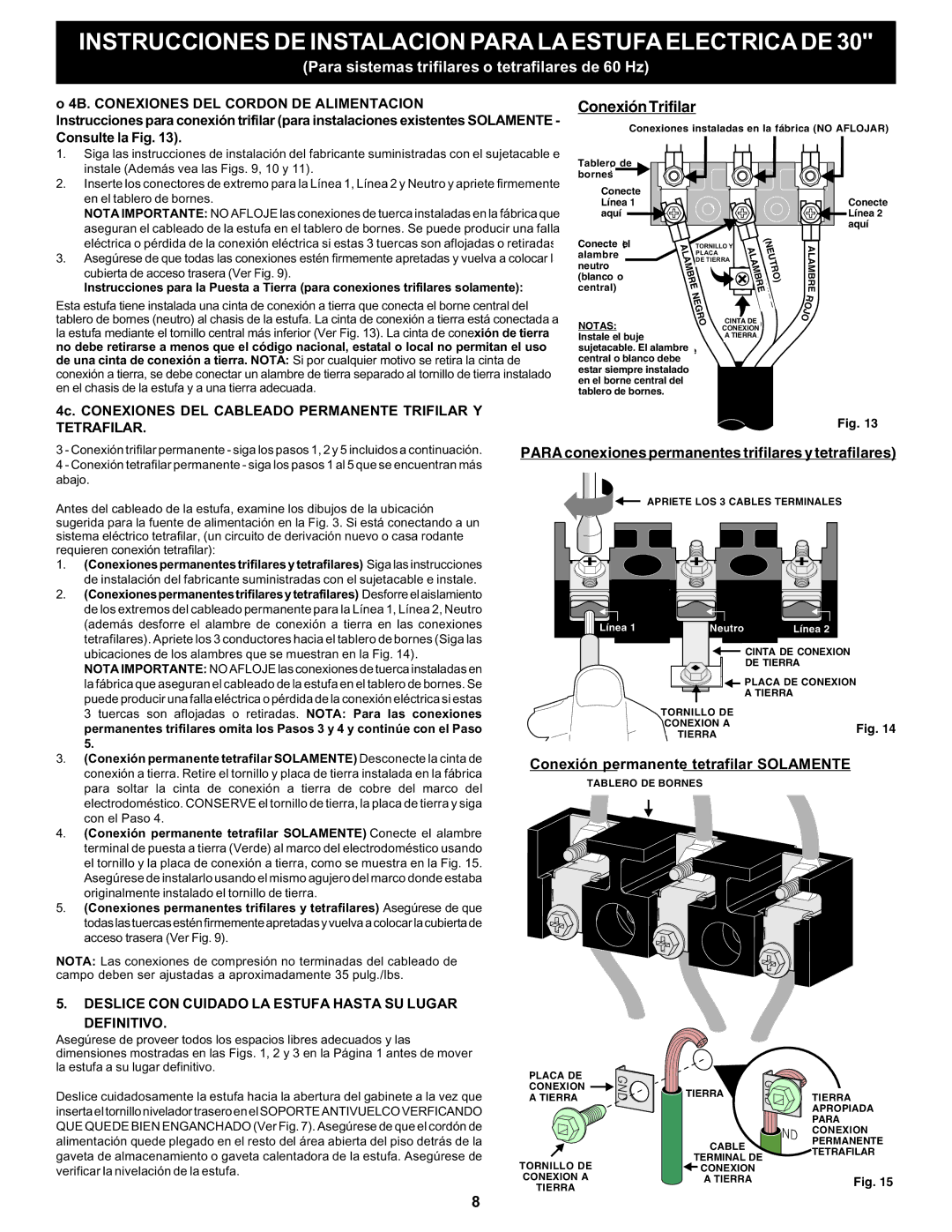 Frigidaire 316454905 important safety instructions Conexión Trifilar, Para conexiones permanentes trifilares y tetrafilares 