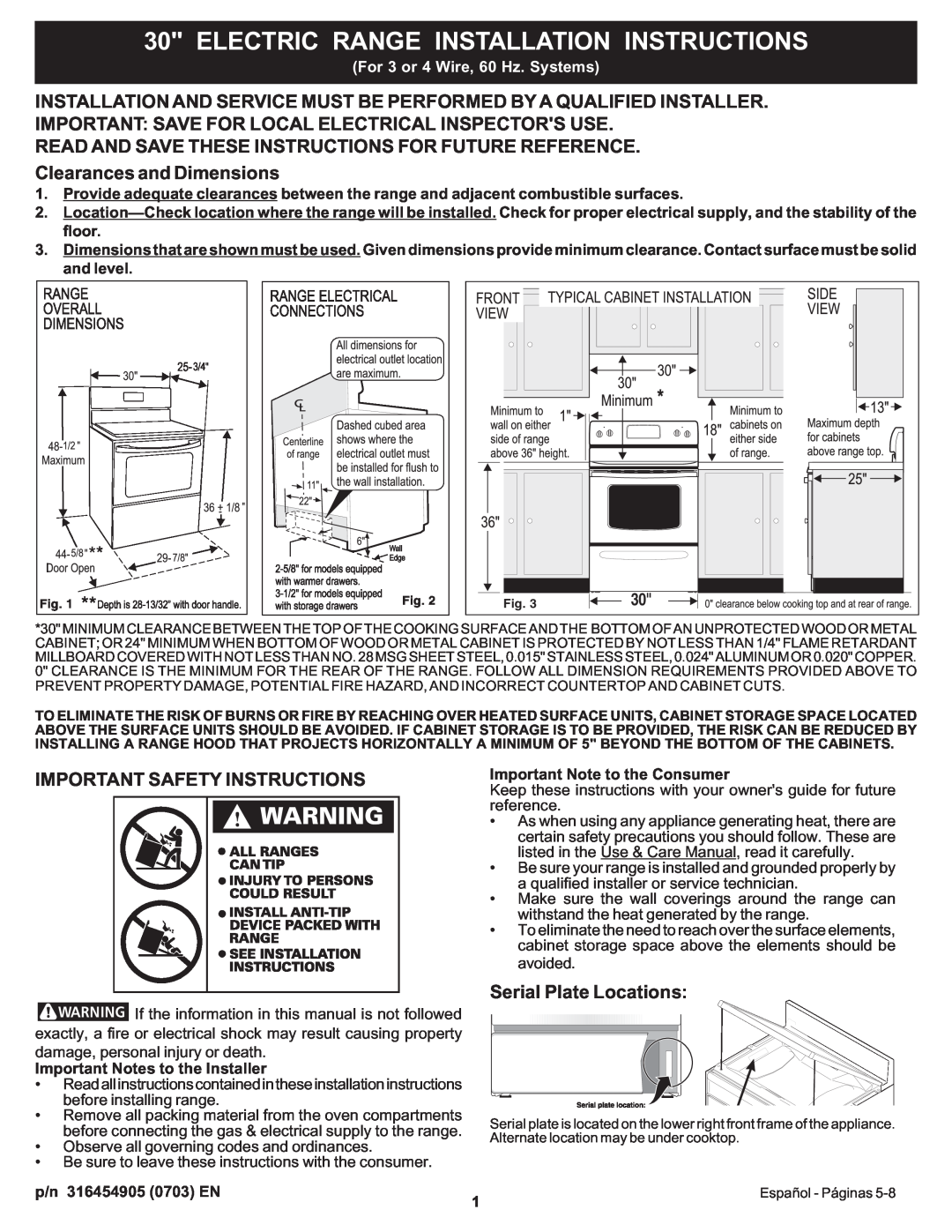 Frigidaire important safety instructions Electric Range Installation Instructions, p/n 316454905 0703 EN 