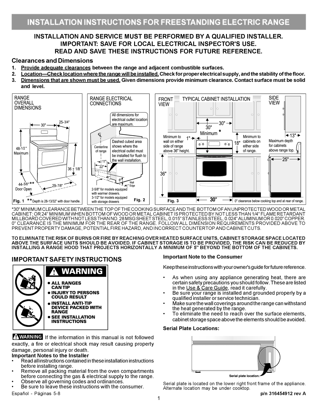 Frigidaire 316454912 manual Installation Instructions for Freestanding Electric Range, Important Notes to the Installer 