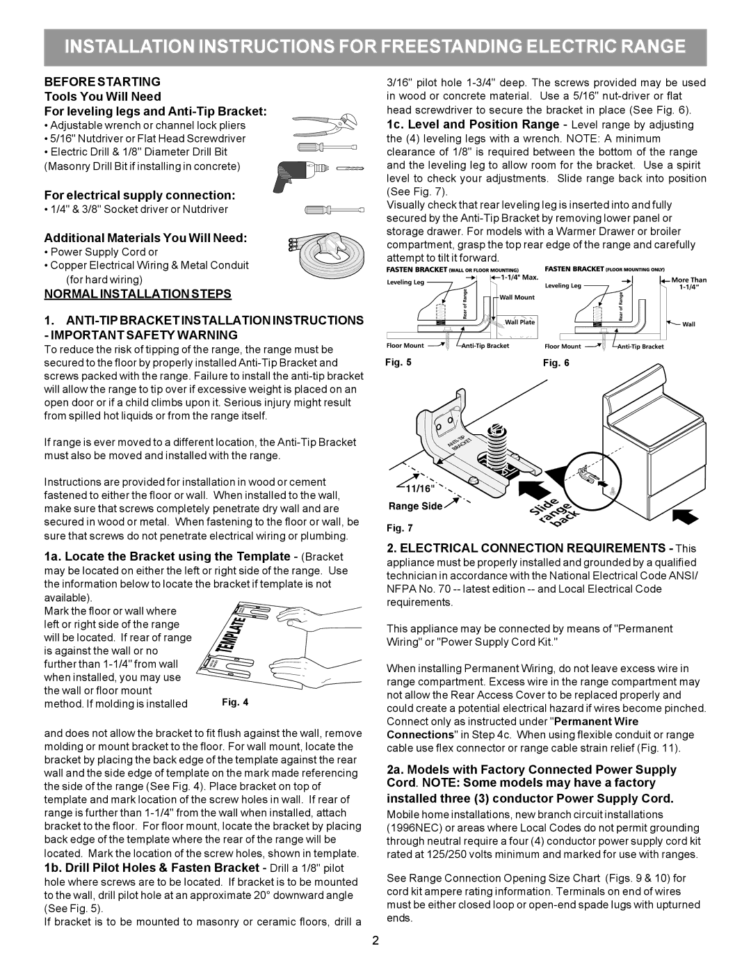 Frigidaire 316454912 manual Before Starting, Tools You Will Need For leveling legs and Anti-Tip Bracket 