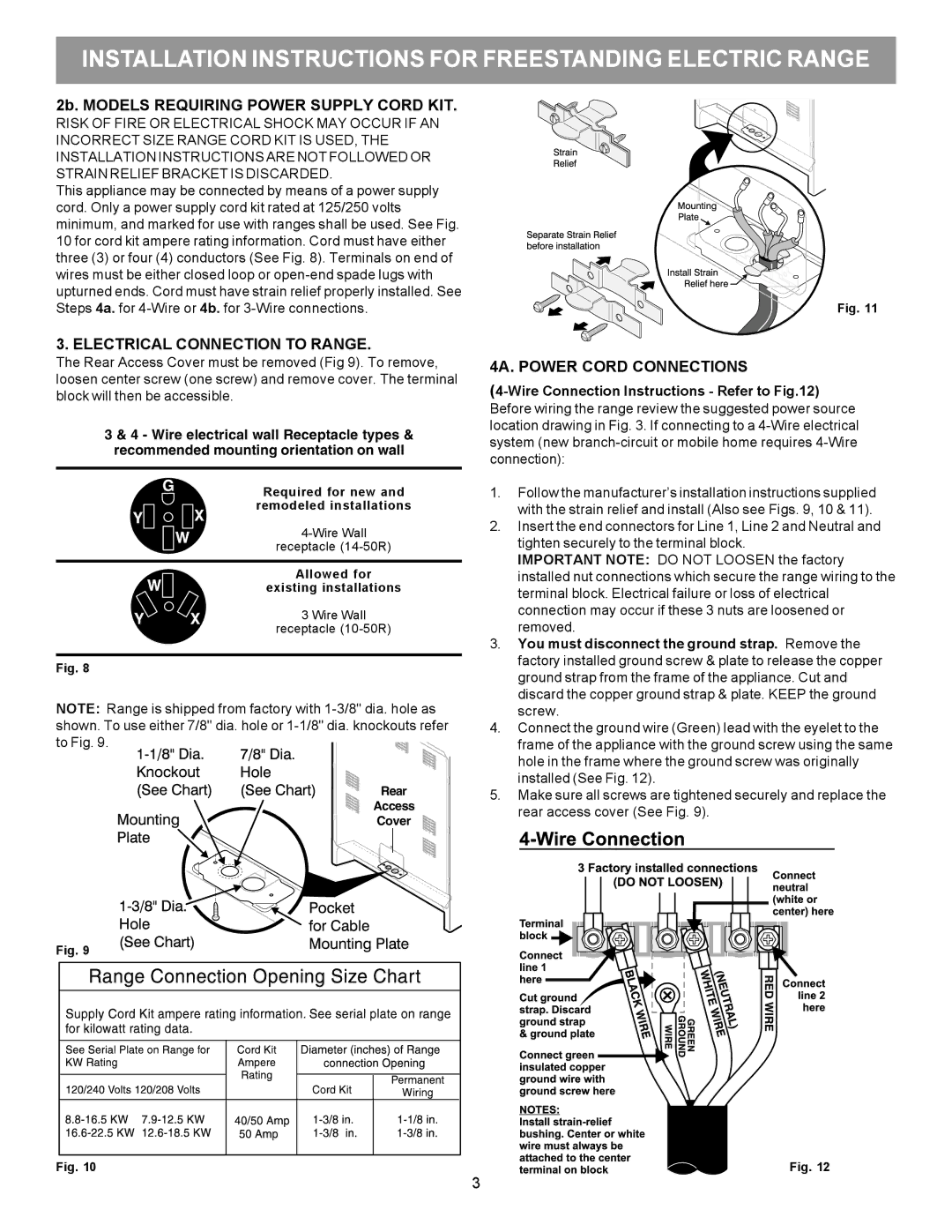 Frigidaire 316454912 manual 2b. Models Requiring Power Supply Cord KIT, Electrical Connection to Range 